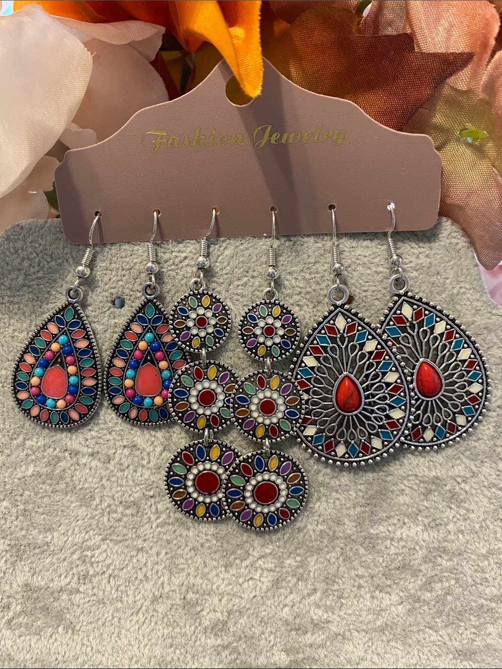 Fashion Jewelry Red and Multicolor Boho Teardrop & Floral Earring Set